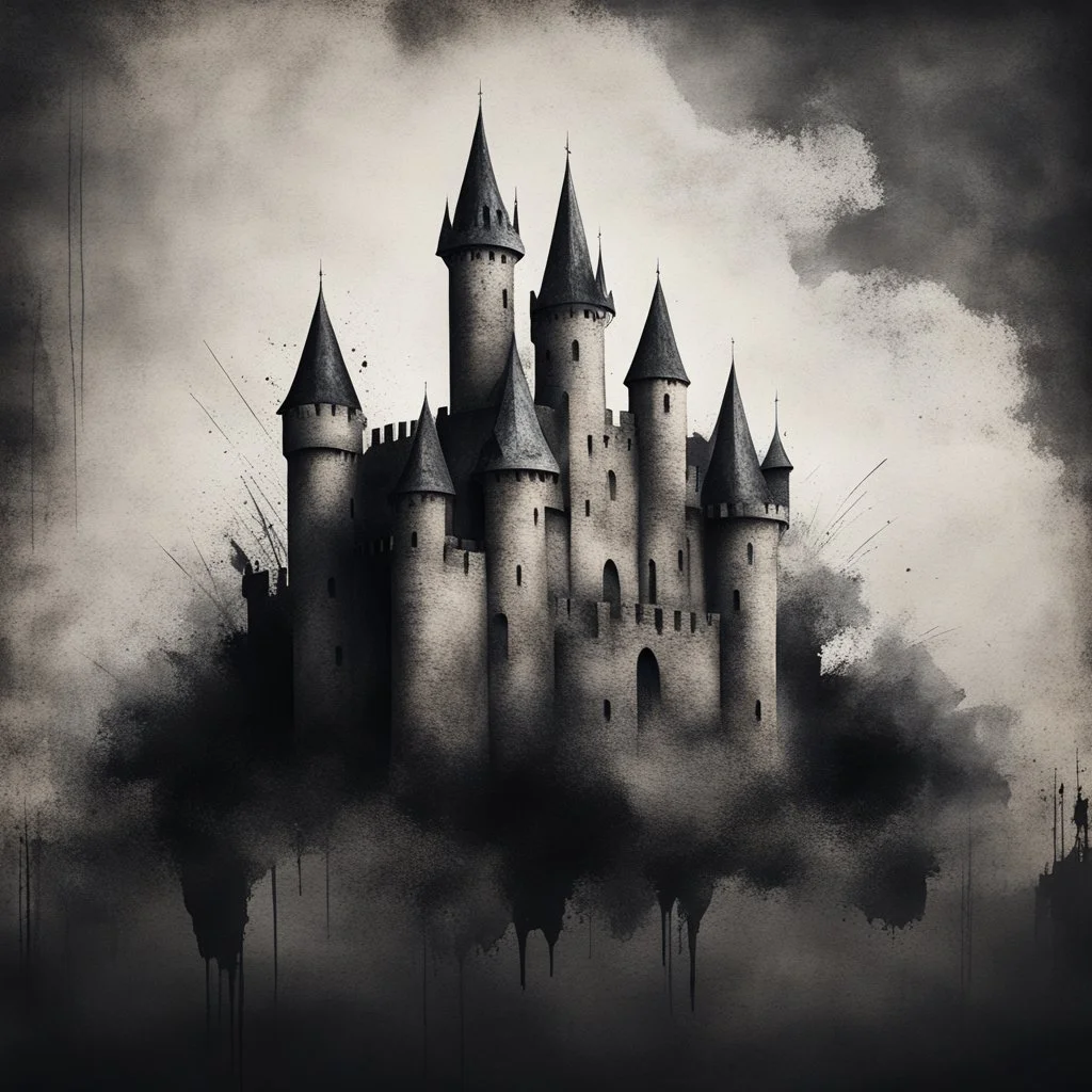 A castle in a Hyper Realistic Aerial Grungy Dark-Grey Brush strokes on a dark rustic background with charcoals
