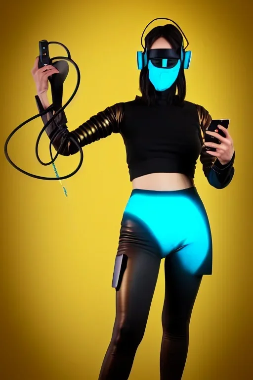 Realistic photograph. Geometric 3D tiling on the background, woman, Whip. Bronze color, Yellow, Black Cyan. Cyber-punk full-mask. Big old AKG headphones, golden rings & disc. Selfie both hands. Lightly armored, electronic circuits. Thick tights, thick calves, bend fell, wide hip, flat belly. Ancient artifact attached. Perfect body. Matrix movie clothes, Silver leather area, tippet, latex. Wicked sneakers. Daft Punk, Tron Movie. Egyptian Haute Couture. 1990's. Ancient telephon