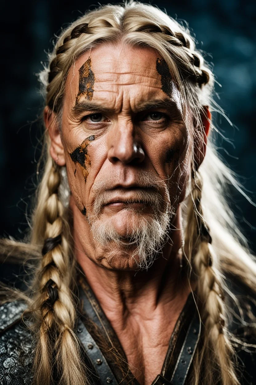 portrait of a 60-year-old viking , long blond hair with Two braids hung down neatly in front of his ears. Rugged face with a scar. blonde beard, fantasy