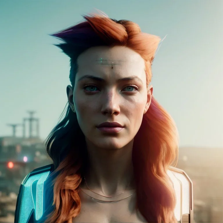 A beautiful portrait of a cyberpunk woman with lot's of grain on her skin red head with hair flying in the wind cyborg smiling facing camera orange color scheme, high key lighting, volumetric light high details with white stripes and feathers unreal 5, octane render, cinema4d, dynamic lighting, dramatic lighting, 4k, redshift render, highly detailed, hyper realistic