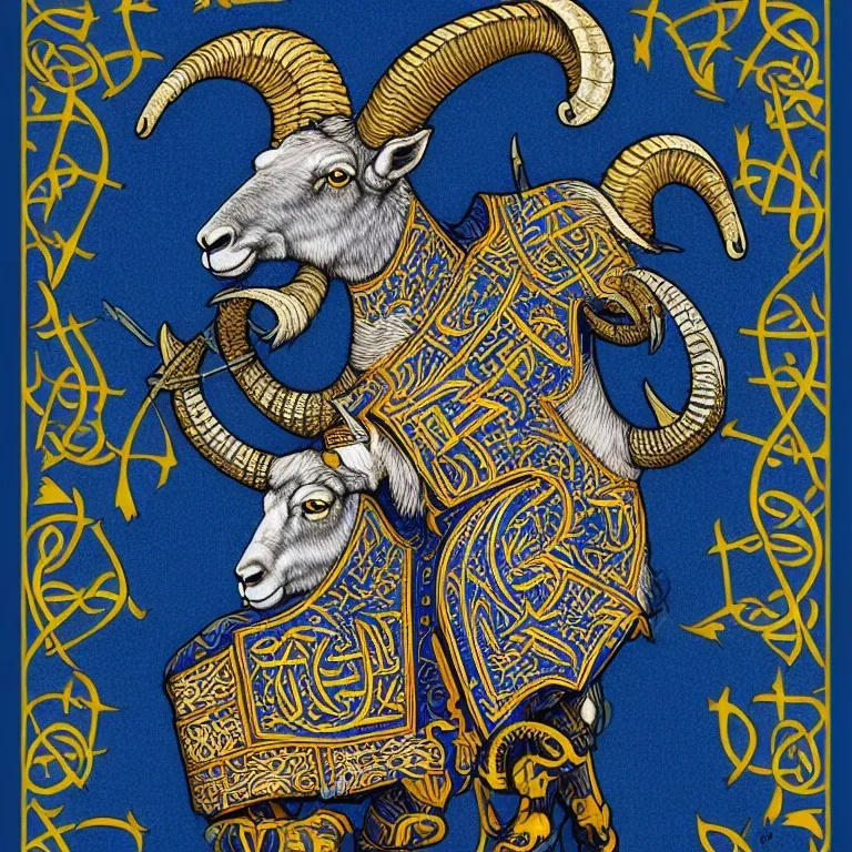 Book of Kells carpet page in blue and yellow colors, picture of a bighorn ram in armor and holding a football, a highly detailed illustration, realistic render, 8 k, micro detail, intricate, elegant, centered, digital painting, Artstation, smooth, sharp focus, illustration, artgerm