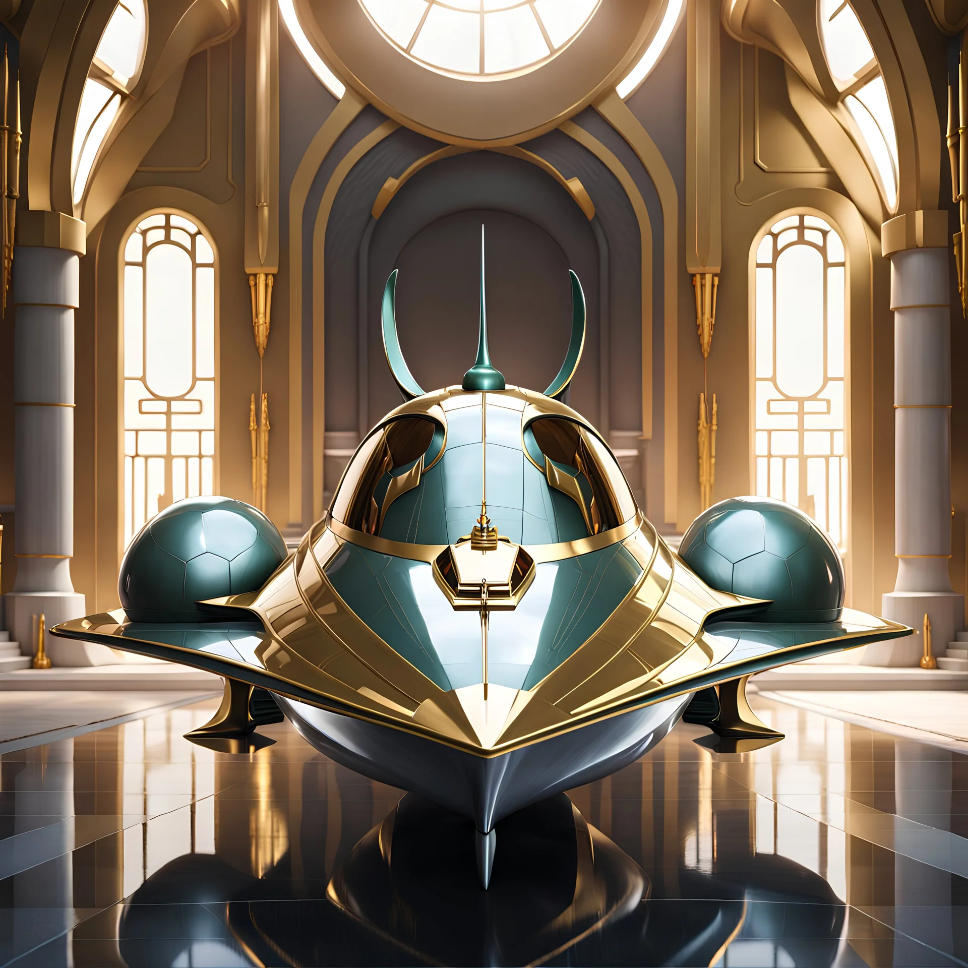 stunning hyper-realistic render of a sleek and elegant Naboo staryacht in pearlescent gasoline green with gold trim sitting in ancient jedi temple hangar, fully symmetric details