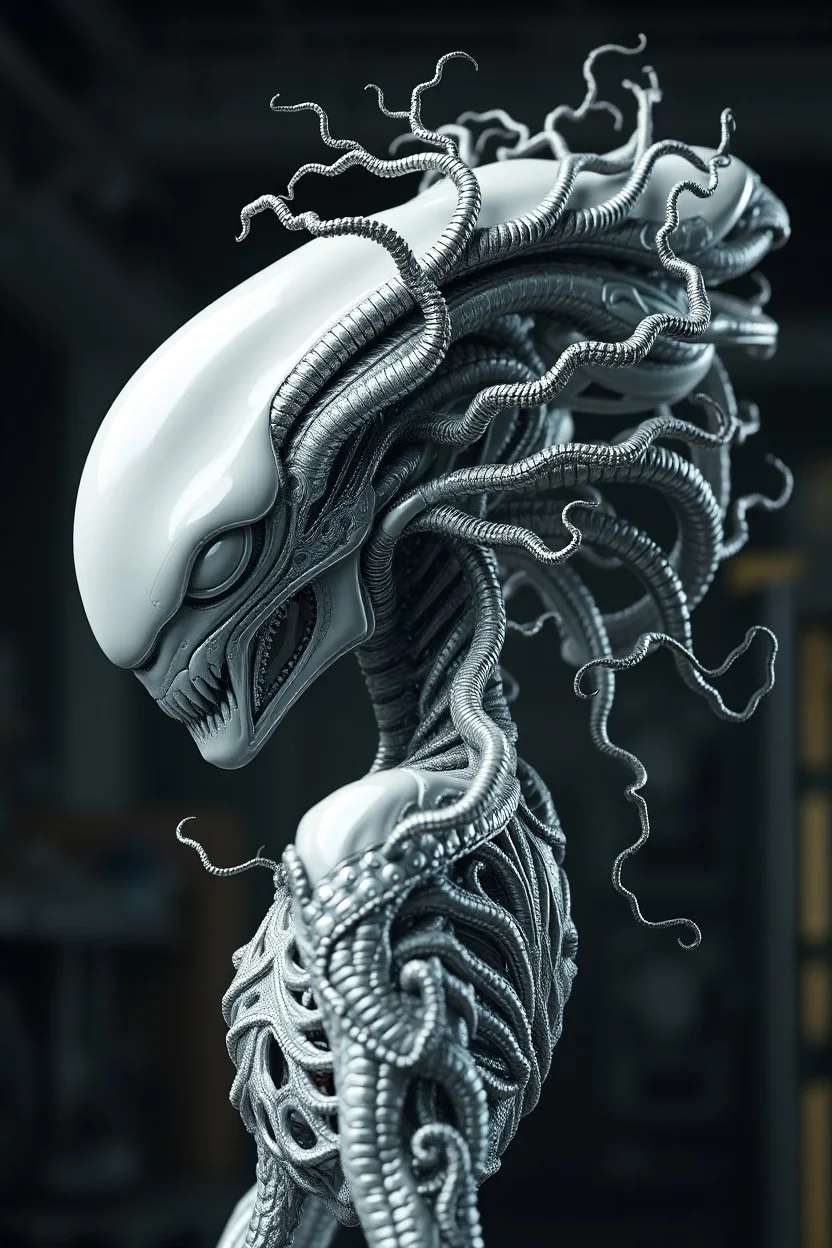 3D rendering of Expressively detailed and intricate of a hyperrealistic “alien anatomy”: side view, scientific, single object, glossy white, shinning silver , a lot of vines, tribalism, laboratory background, shamanism, cosmic fractals, octane render, 8k post-production, detailled metalic bones, dendritic, artstation: award-winning: professional portrait: atmospheric: commanding: fantastical: clarity: 16k: ultra quality: striking: brilliance: stunning colors: amazing depth