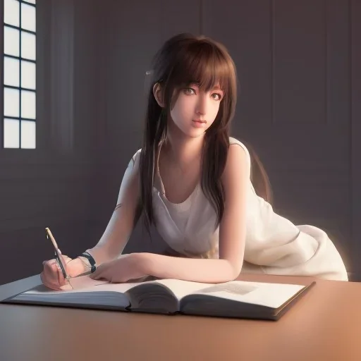 Beautiful girl studying in room, anime style