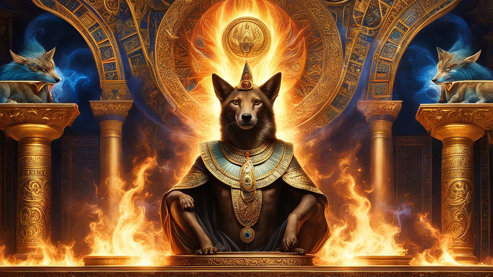 1man, portrait of godanubis in front altar with groups of egyptian, jackal head, swirl of fire, aura, magic, sparks, magic astral, ornate, details, casino