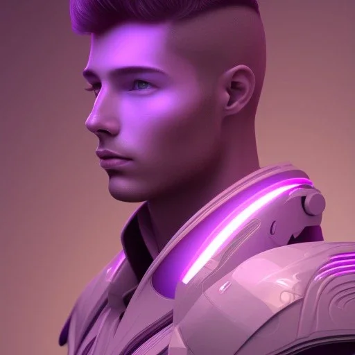 Cute guy face, Sci-fi character, purple backlight, pink and purple, scifi suit, profile, purple background, pink lighting