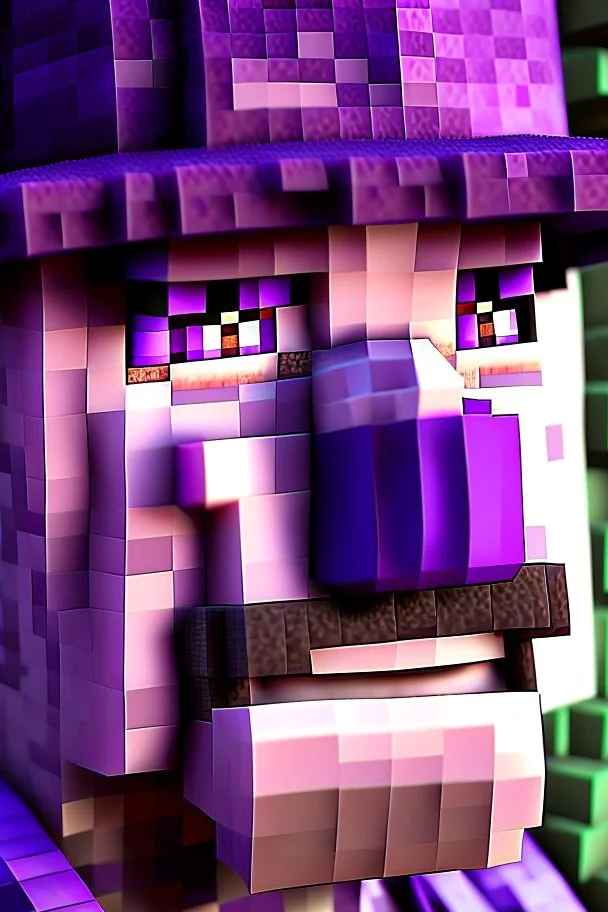 a close-up portrait of a purple Minecraft face, farmer, 3d, large pixel style