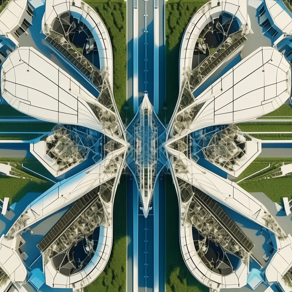 Vista aérea simétrica de un aeropuerto en forma de mariposa, espectacular, impactante, calidad ultra, maximalista, 8k 3D