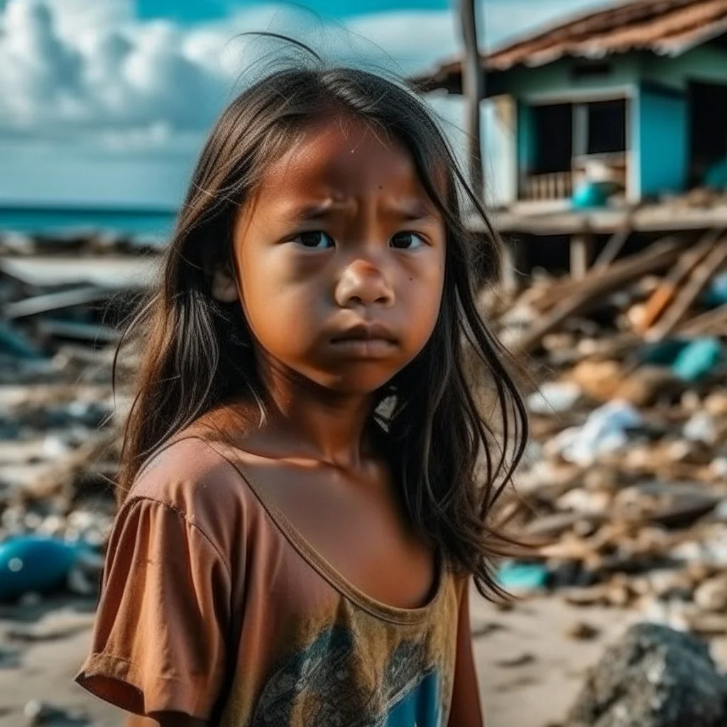 young filipina girl frowning very close to camera standing on broken seashore behind there are fragments of house