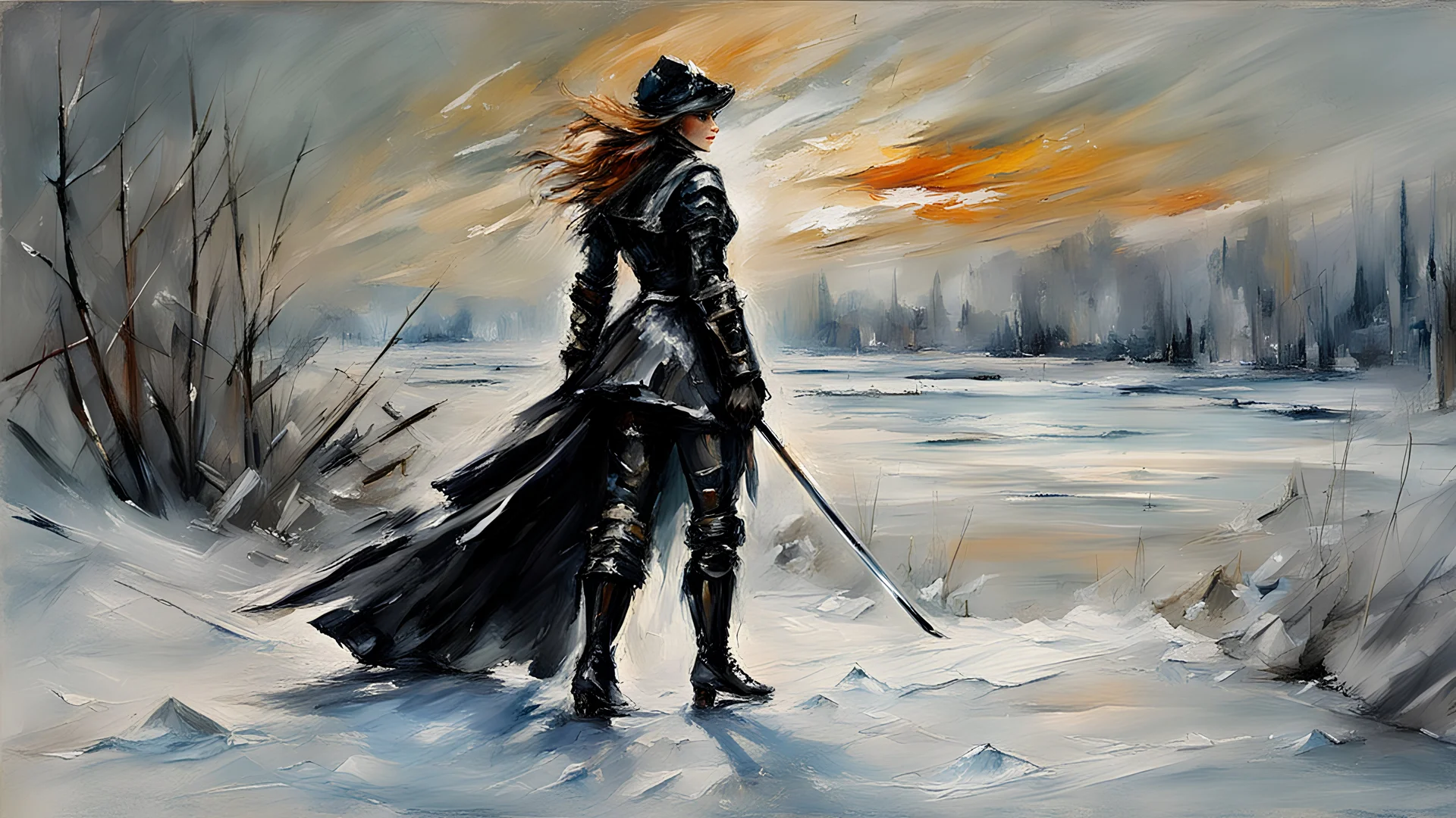 a warrior woman in black armor on the background of a cold snow-covered country, ice and crystal, frost and snow, oil and pastel, by Leonid Afremov & William Kentridge & Anna Razumovskaya