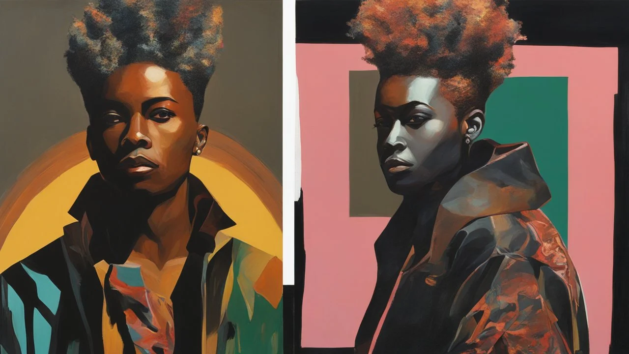 split image; left image: acrylic minimal painting of an african cyberpunk wizard with mohawk hairdo; right image: shadows cast on wall of black glass slabs; overheat, dramatic, cinematic, sudden jolt dynamics, cyberpunk wear, afro-futurism, sharp shadows, harsh contrasts, great verticals, great parallels, great reflections, unsettling shadows, surreal futurist architecture art, surreal liminal space, tribal style, tribal vibe, tribal patterns, vivid black colors