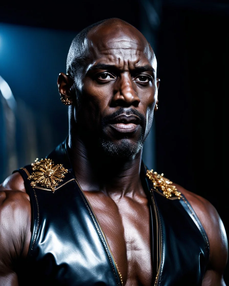 Idris elba x morris cheshunt as a handsome dark skinned and muscular heavy set man with a bald head and neatly trimmed beard. he is wearing a leather waistcoat and no shirt. he has a gold earing in his left ear. he has a dominant expression on his face