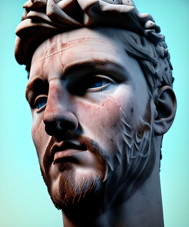 Gran angular, Realistic image, roman sculpture, marble material, Lionel Messi, Laurel wreath model, miguel angel style, emperador, God light, god rays, 4k resolution, ornate details, soft lighting, unreal engine 5, soft cyan background.