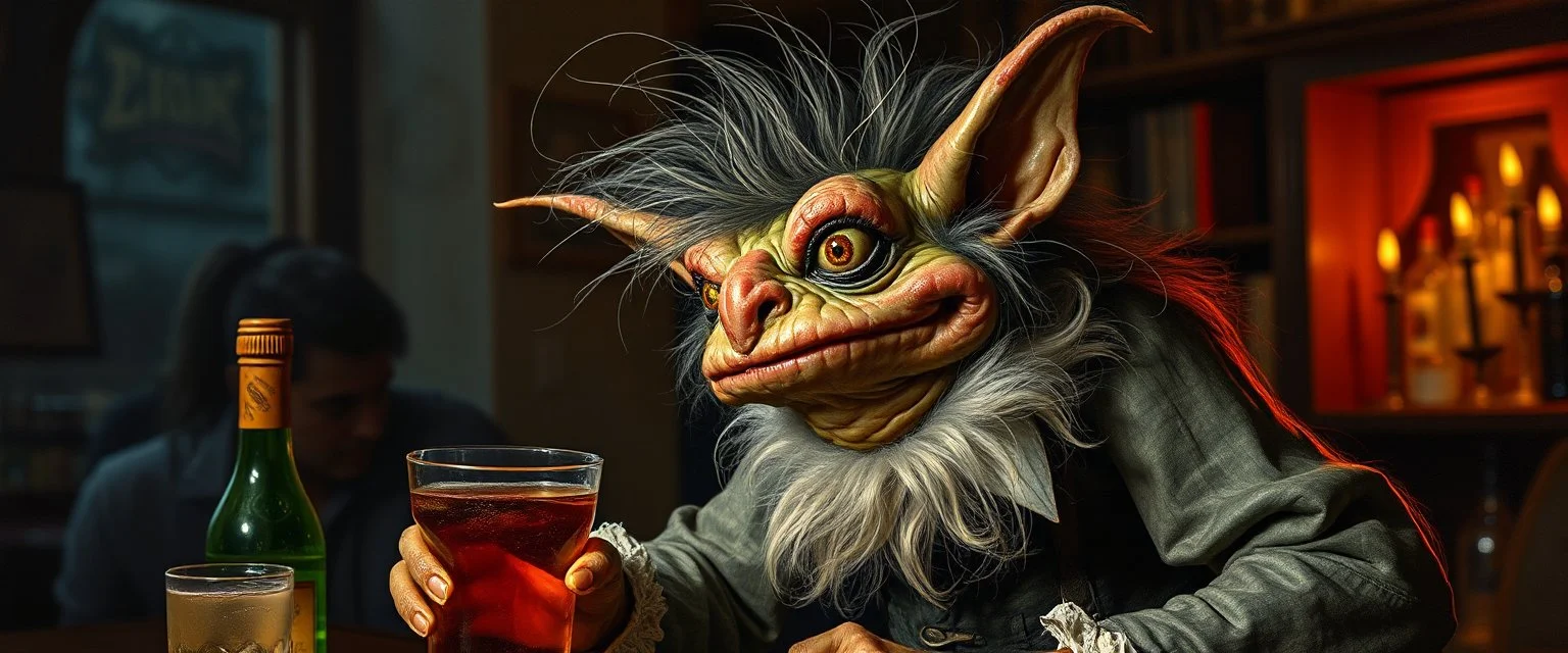 hårete gremlin slug bartender med vind i håret på fest malt av Rembrandt