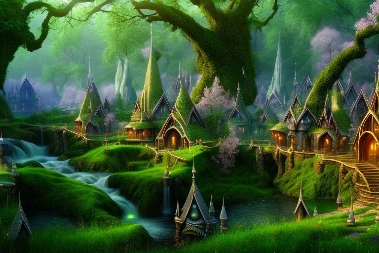 Immersive​ fantasy elven town city in the deep forest with ancient elder tree beautiful blossom nature river 4k full hd