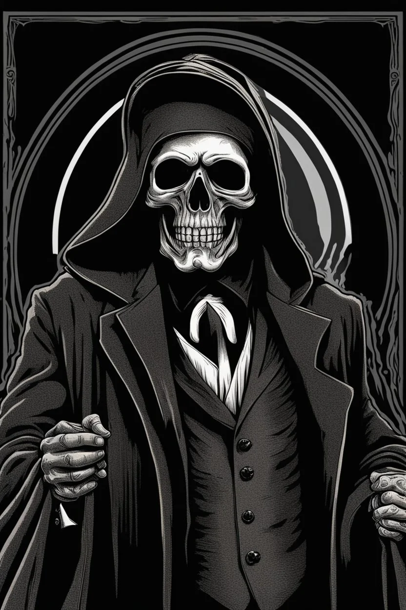 ultra high image quality, Grim Reaper, WEARING A 3 PIECE SUIT, POSED FOR DOLLAR BILL PORTRAIT, LINE TONE, WSJ STYLE, HEDCUT, Close-up of an set against AMOLED-worthy pure black backdrop, fantasy art style infused with filter, tailored for vertical wallpaper, exclusive design with no duplicates, radiating beauty suitable for a PC screen image, vivid colors, ultra fine, digital painting.