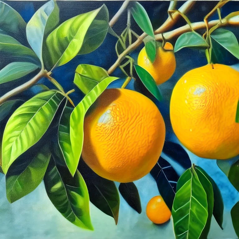 painting of citrus fruits, on a branch with leafs oranges realistic, acrylic paint