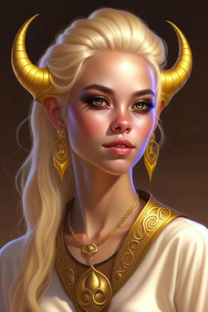 a young tiefling woman with white blonde hair and gold jewelry