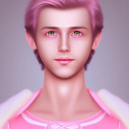 full body photo of smiling feminine pretty 19 year old boy wearing all pink girl's babydoll dress that is too small, with rainbow glitter eye make-up, flat chest, pronounced adam's apples, short and long pink hair, no body hair, no tattoos, lgbt, transgender, highly detailed, photo realistic, plain background, still shot, photo realism, full body photo, 8k high resolution, high detail, --ar 2:3 --v 4