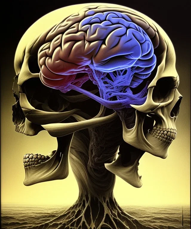 brain, skull, neural network. ink, poster, beksinski