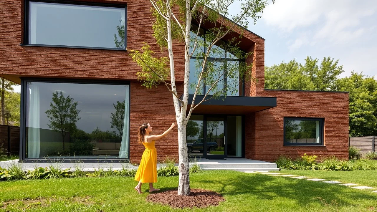 The image shows a modern architectural design featuring a brown-hued house with large glass windows, surrounded by lush greenery and a person in a yellow dress interacting with a tree. The main object is a two-story house with a textured brown exterior. It has large windows that reflect the surrounding landscape and a mirrored glass door. A slender birch tree stands in front of the house, complemented by patches of green grass and small plants. A lone figure, a woman in a loose yellow dress, is