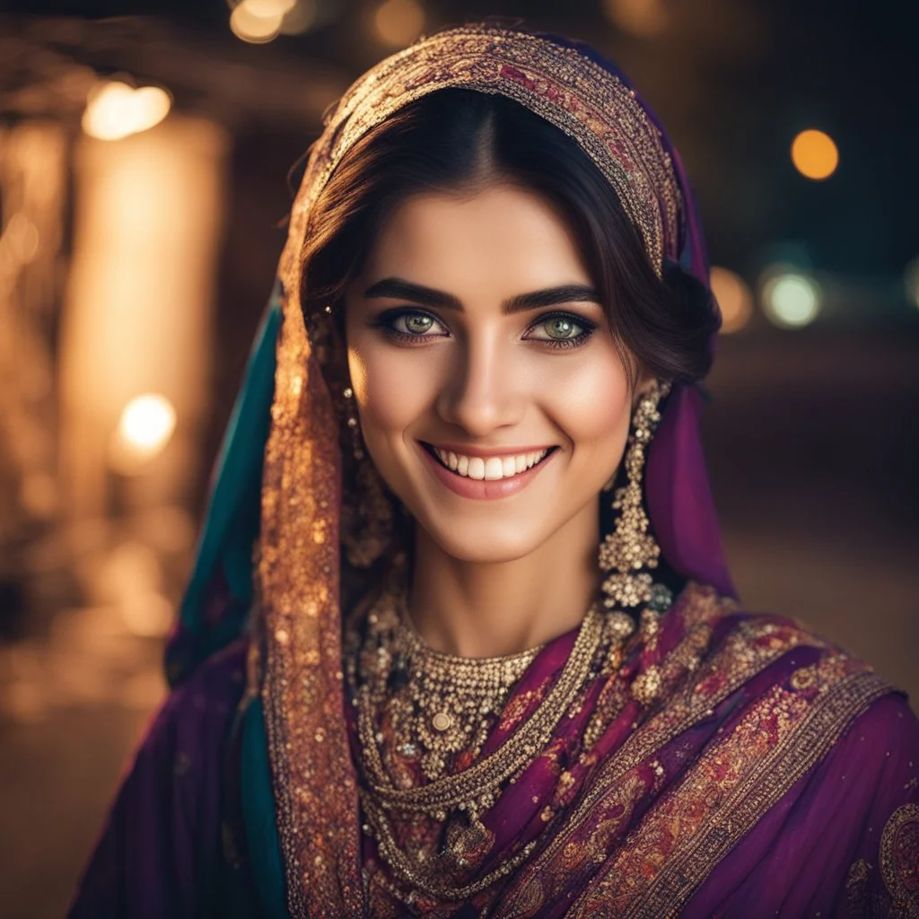 Pakistani Pushto young-woman smiling & has beautiful lenses with traditional dress at night