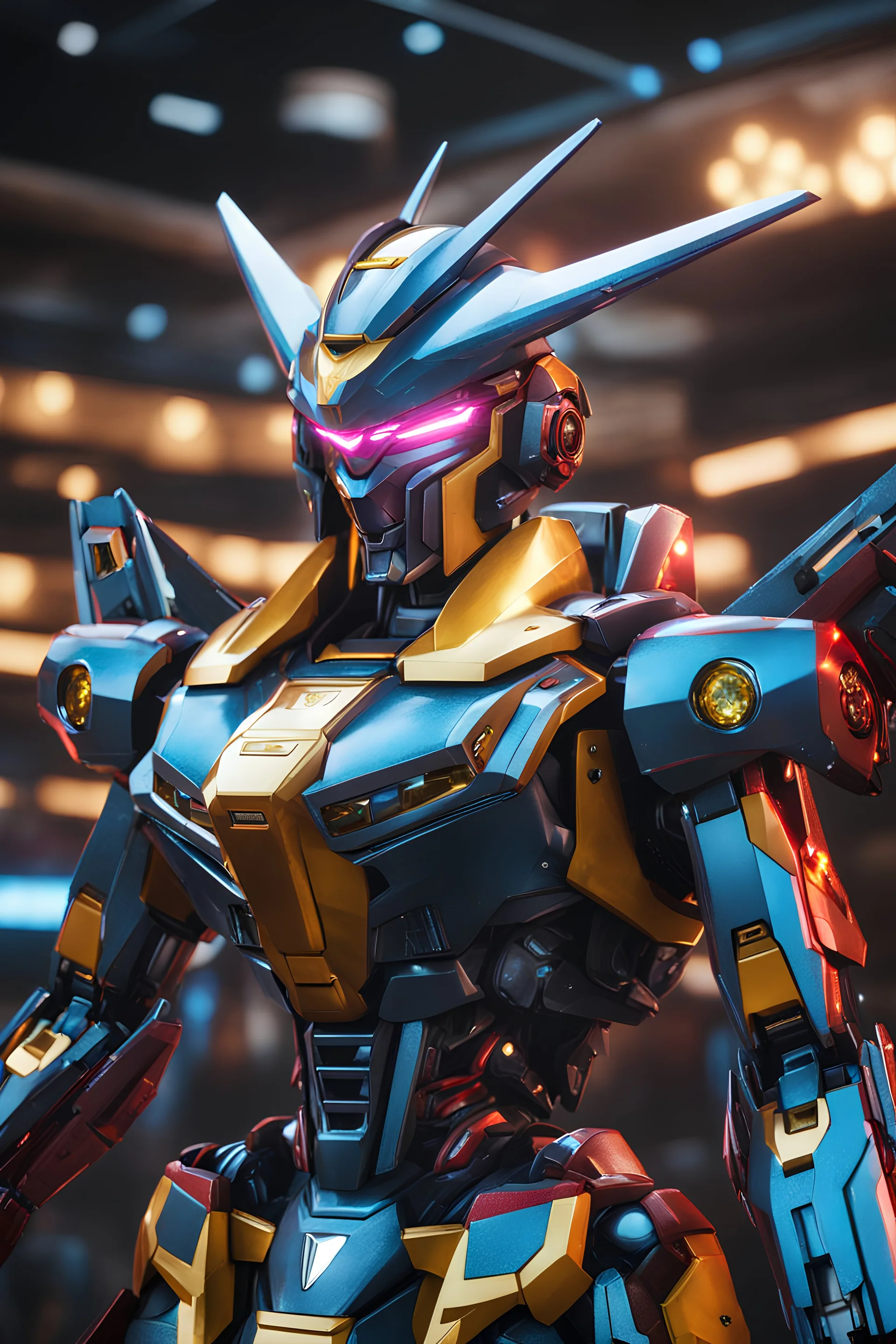 super robot with elements of Gundam, cool, gorgeous looks, anime, colorful outfit, highly detailed, sci-fi, futuristic, soft lighting, cinematic lightning, symmetrical, intricate, octane, bright color, 8k high definition, unreal engine 5, good pose, photo, sharp focus, ultra realistic, perfect anatomy, armor with glitter diamonds, jeweled skin, crystals, sapphires, ornate, white, translucent, silver