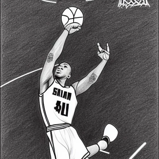 Realistic, drawing, black and white, basketball player, slam dunk