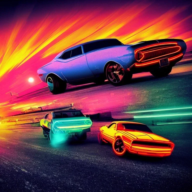 art deco, cyberpunk, two neon muscle cars, race, speed, desert road, sunset, full colour, hd,