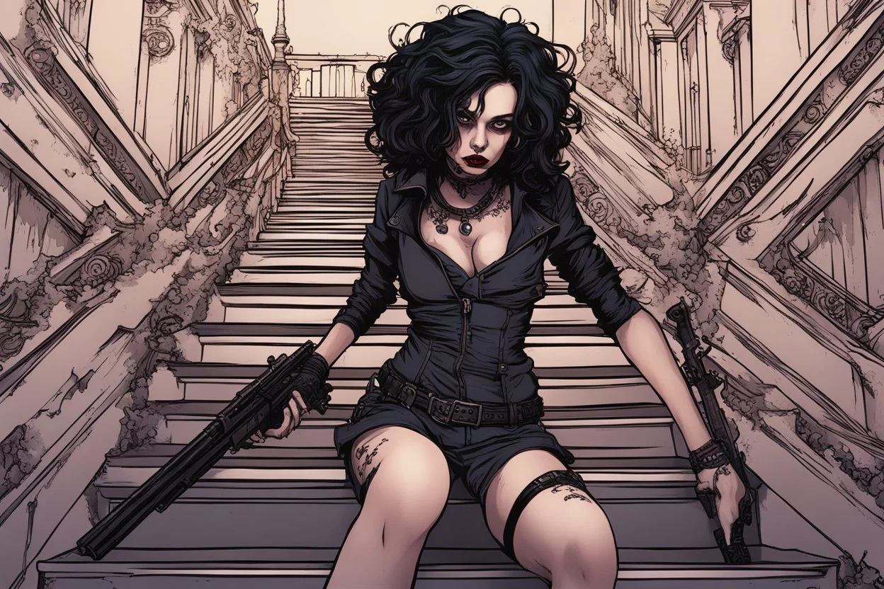 scarred cyberpunk vampire girl with tribal tattoos short curly dark cyberpunk hair descending the staircase in decaying gothic mansion with double barreled shotgun in hand at dawn