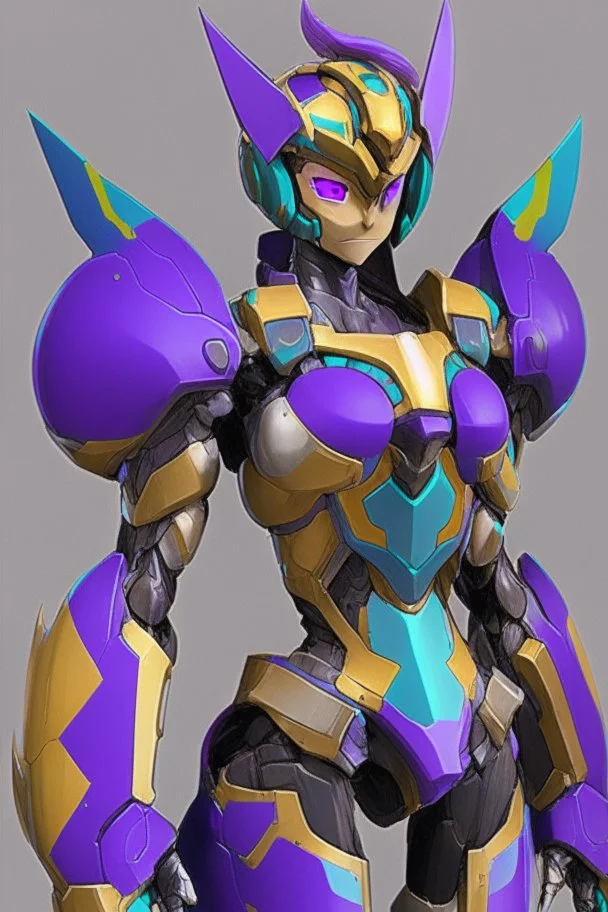 One Genderless Cyborg made of metal, has a human like face with a really long violet ponytail, the armor is similar to Omega from Megaman. The color palatte of the armour is deep purple and yellow. They are not wearing a Helmet, and have Turquoise colured eyes.