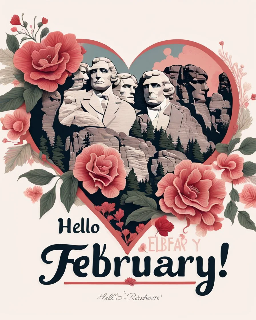 1:1 ratio A highly detailed Image in the style of Art Nouveau, of tastefully painted hearts and flowers in shades of reds, pinks, corals and ivory, add a superimposed transparent image of the president's on Mount Rushmore in the corner. Image is edge to edge, no frame. Bold script text "Hello February!" , wide-angle shot, vibrant color grading, shallow depth of field, adventure, league of legends style concept art