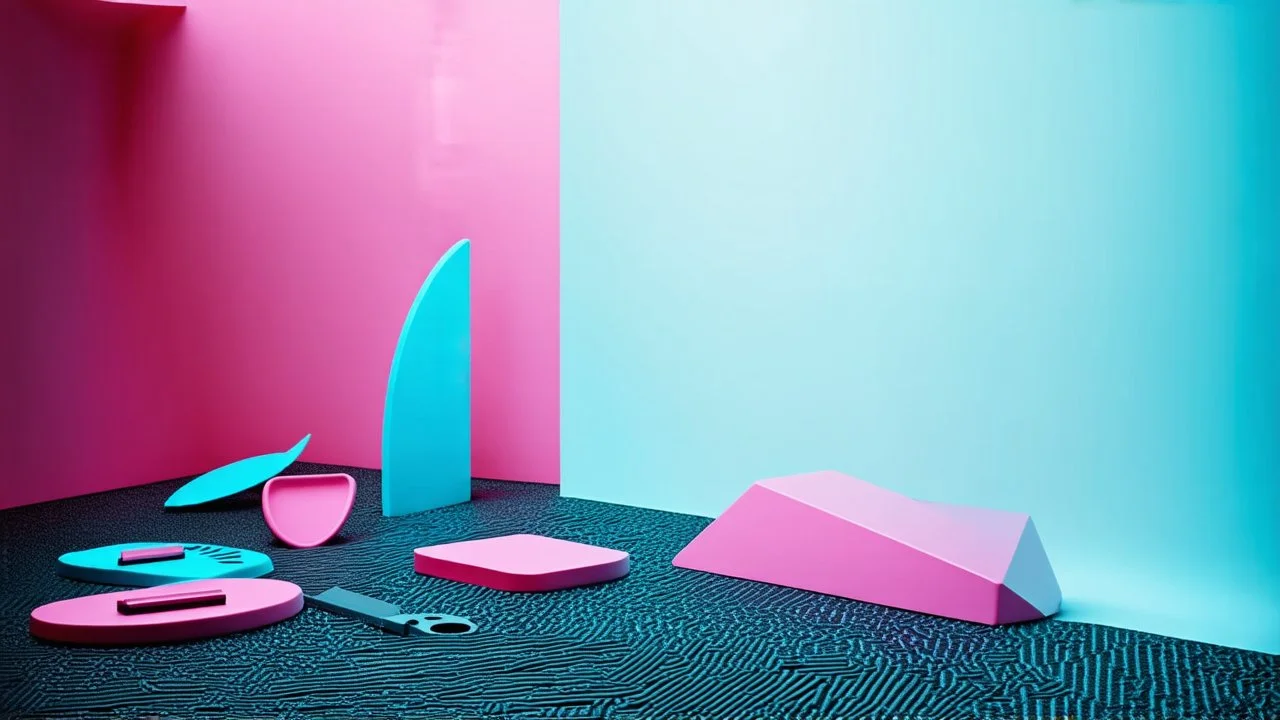 Photography Kodak film of several geometric shapes, elongated lines and object, massive odd Max Ernstcncomprehensible style, minimalist, pastel colors, Surrealism, On the left, there are other lower shapes, similar to tools or mechanisms, randomly arranged, glossy, creepy, strong texture, horror, panic, obsessive, hypnotic