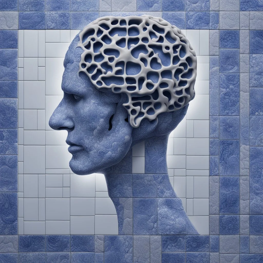 Insanely detailed Hd Photography of concept photography of a brain made from portuguese azulejo tiles, oozing ceramic, azulejo design visible, insanely good concept photography of an azulejo mind made from azulejo tiles inspired by Igor morski by Pranckevicius