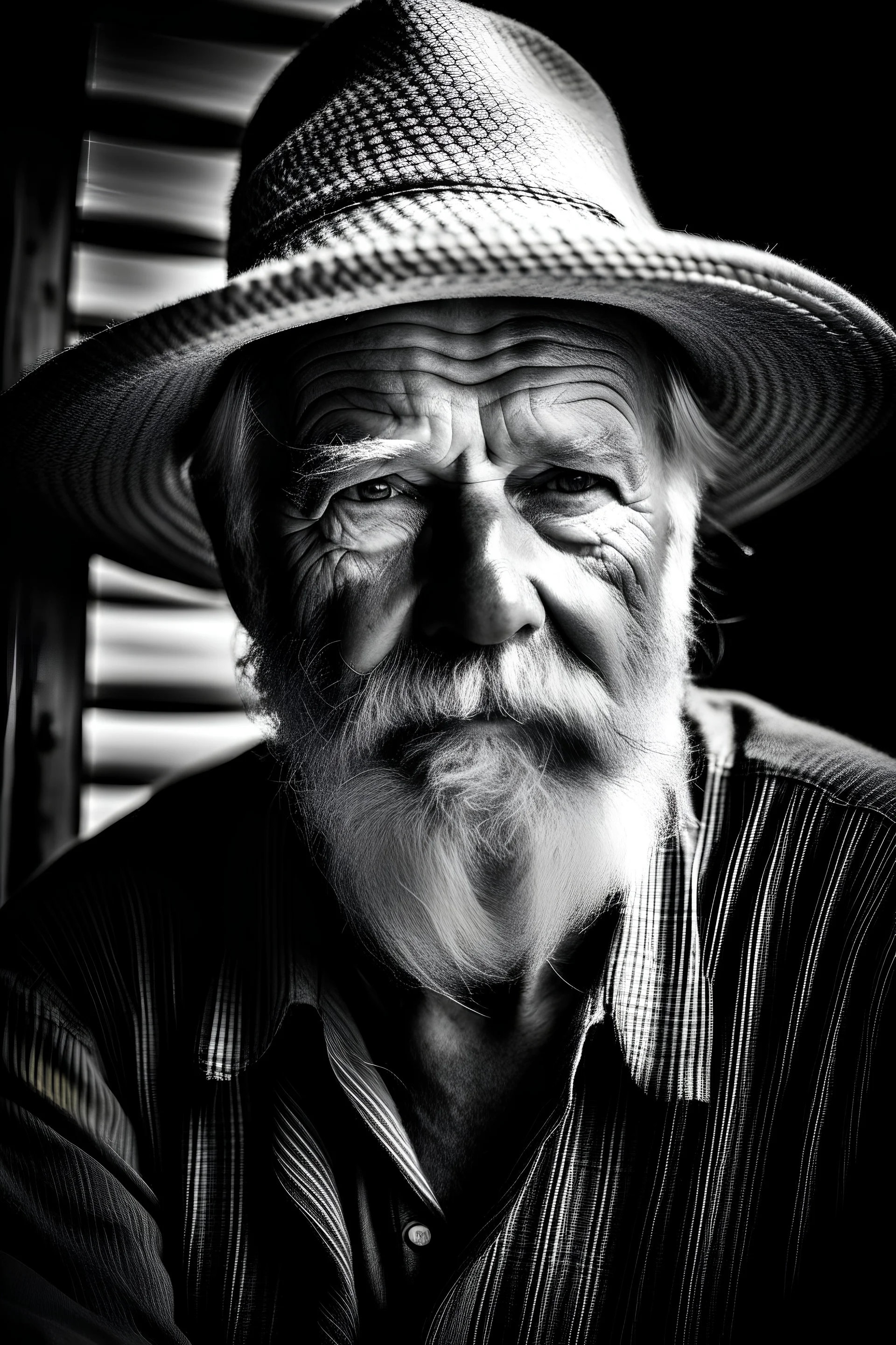 fotografía en blanco y negro de un pescador de 70 años, con barba y bigotes, sombrero de paja y una canasta, en un muelle de madera, gran plano general, alto contraste, luz intensa