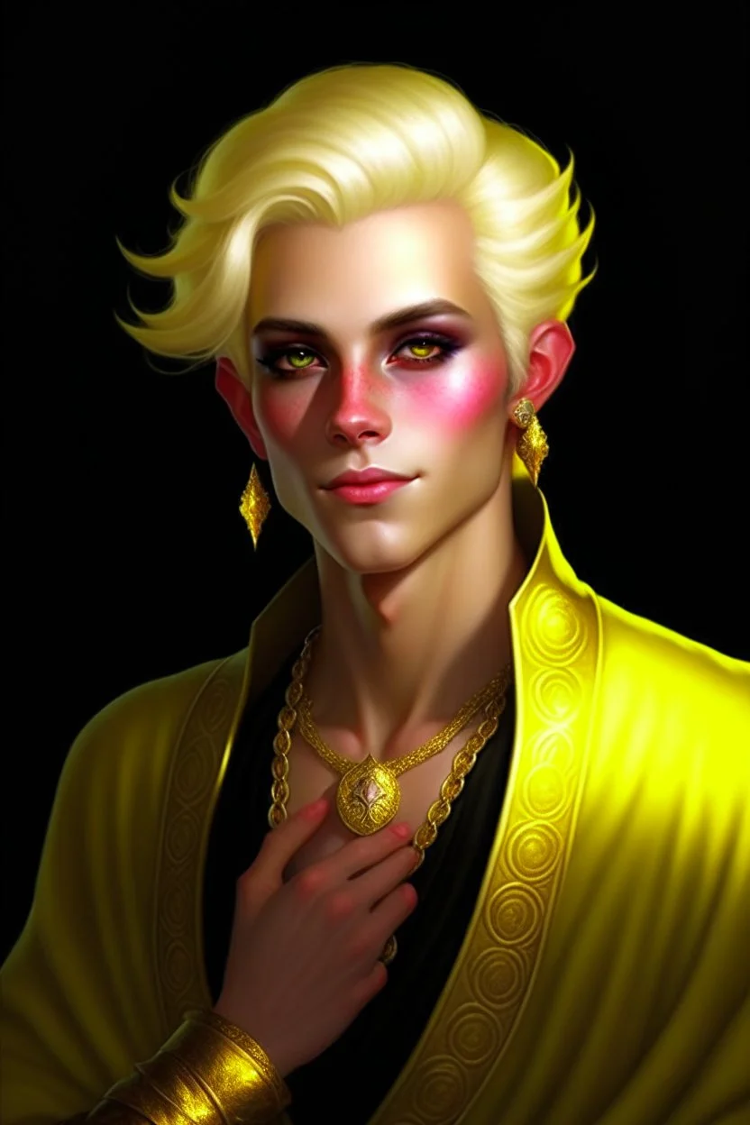 young man tiefling with white blonde hair and gold jewelry, wearing white and gold, wealthy