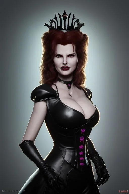 Geena Davis as evil queen in black leather, leather, busty, cleavage, angry, rage, stern look. character design by cory loftis, fenghua zhong, ryohei hase, ismail inceoglu and ruan jia. unreal engine 5, artistic lighting, highly detailed, photorealistic, fantasy