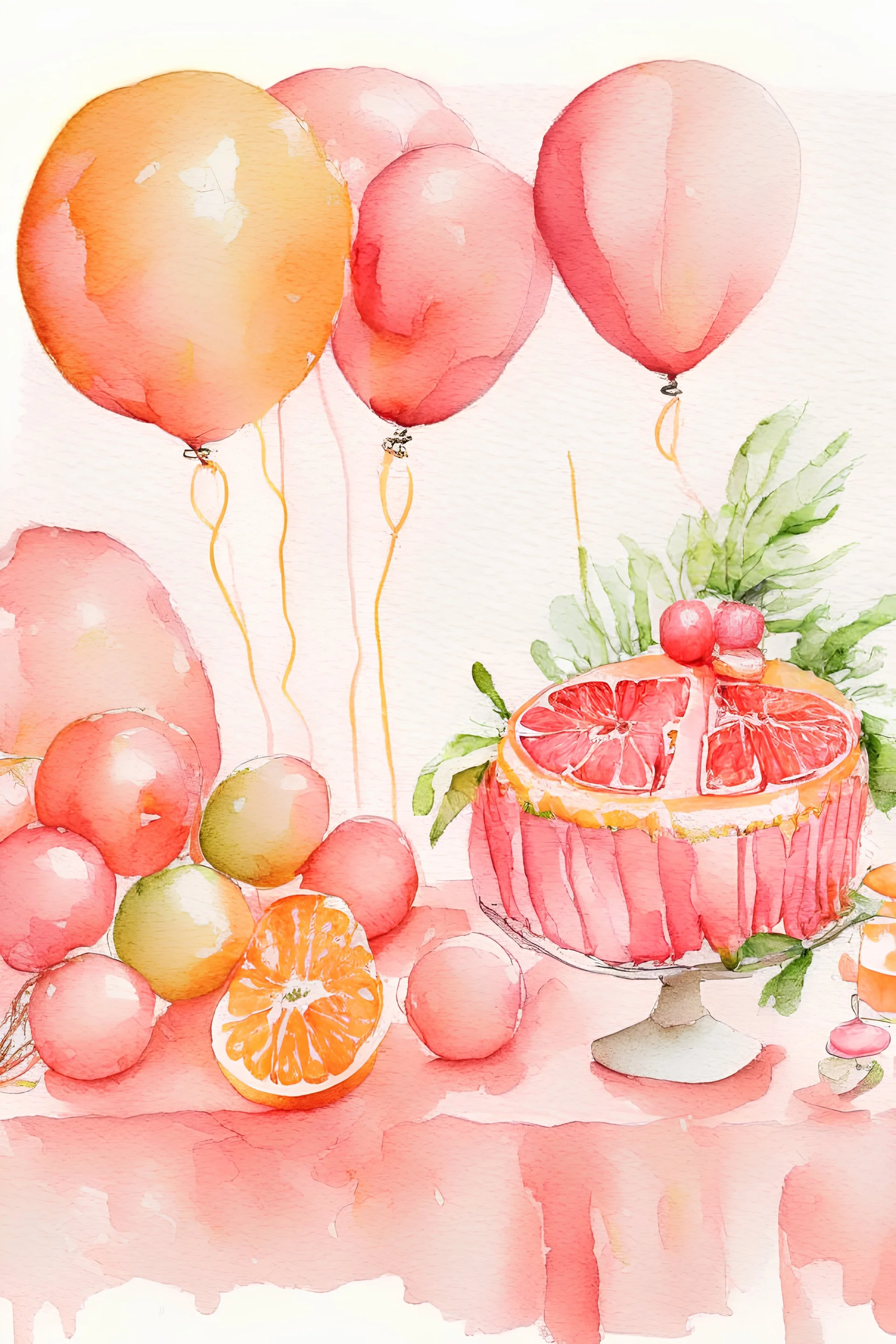 aquarelle dessin sur le thème Pompelmo Party - pour une table festive avec des pamplemousses roses et des ballons