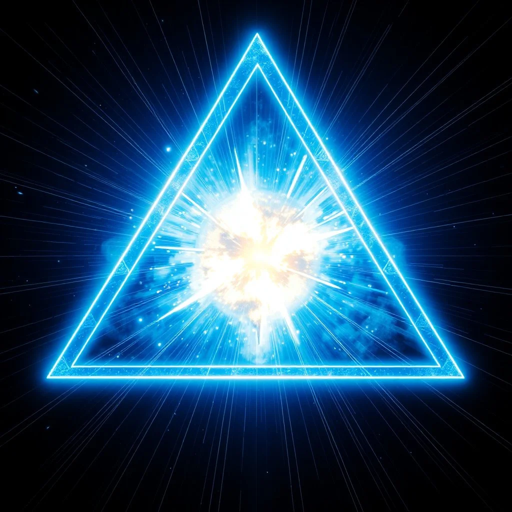a blue nuclear explosion inside an equilateral triangle, inner glow, radiant lines