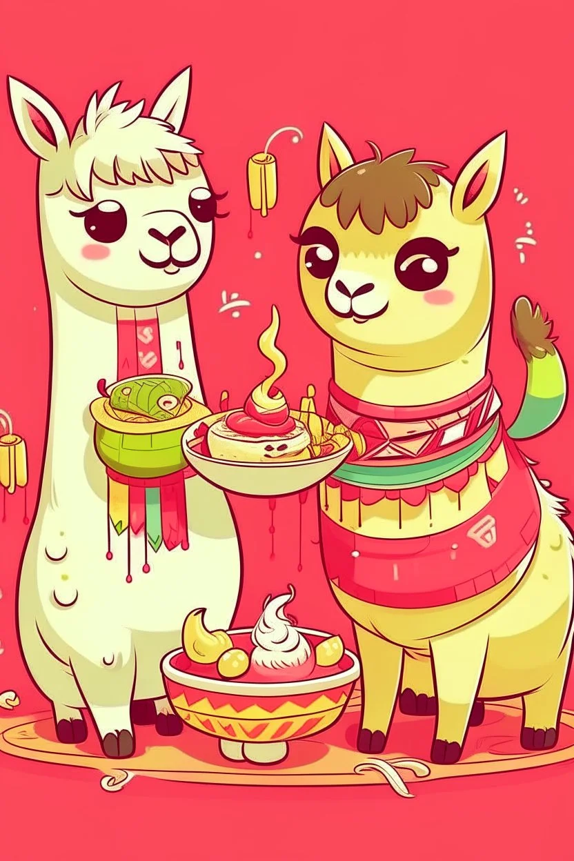 llamas eating dumplings n the style of hello kitty