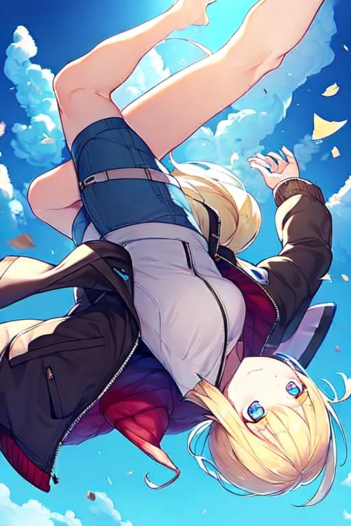 blonde girl falls with jacket fall from the sky, sky falling