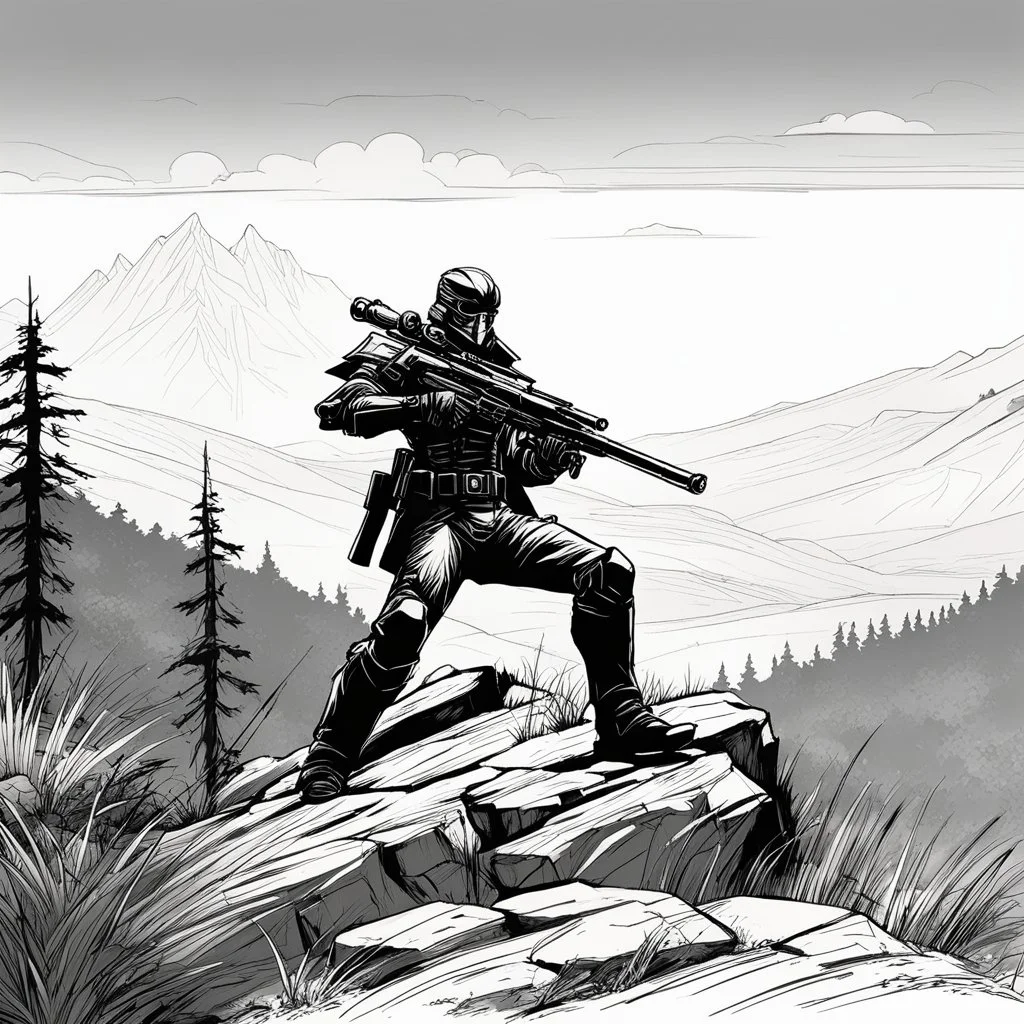 A Terminator as a sniper on a hill in the bush, his long rifle on a rock, ready to fire. Record of Lodoss War style, Linework: Expressive, expressive black ink line art with variable stroke weights. Crisp contours define silhouettes while fine hatching adds subtle depth and form.