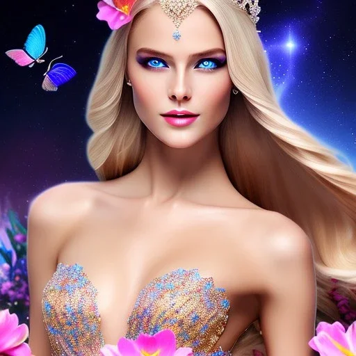 Full body Princess, sexy woman blondie, make up, beautiful smiling face,blue eyes, beautiful place,amazing, flowers, colors, blue and pink butterfly, realistic, photo real, stars night, detailed, high contrast, 8k high definition, unreal engine 5, extremely sharp detail, light effect, light background