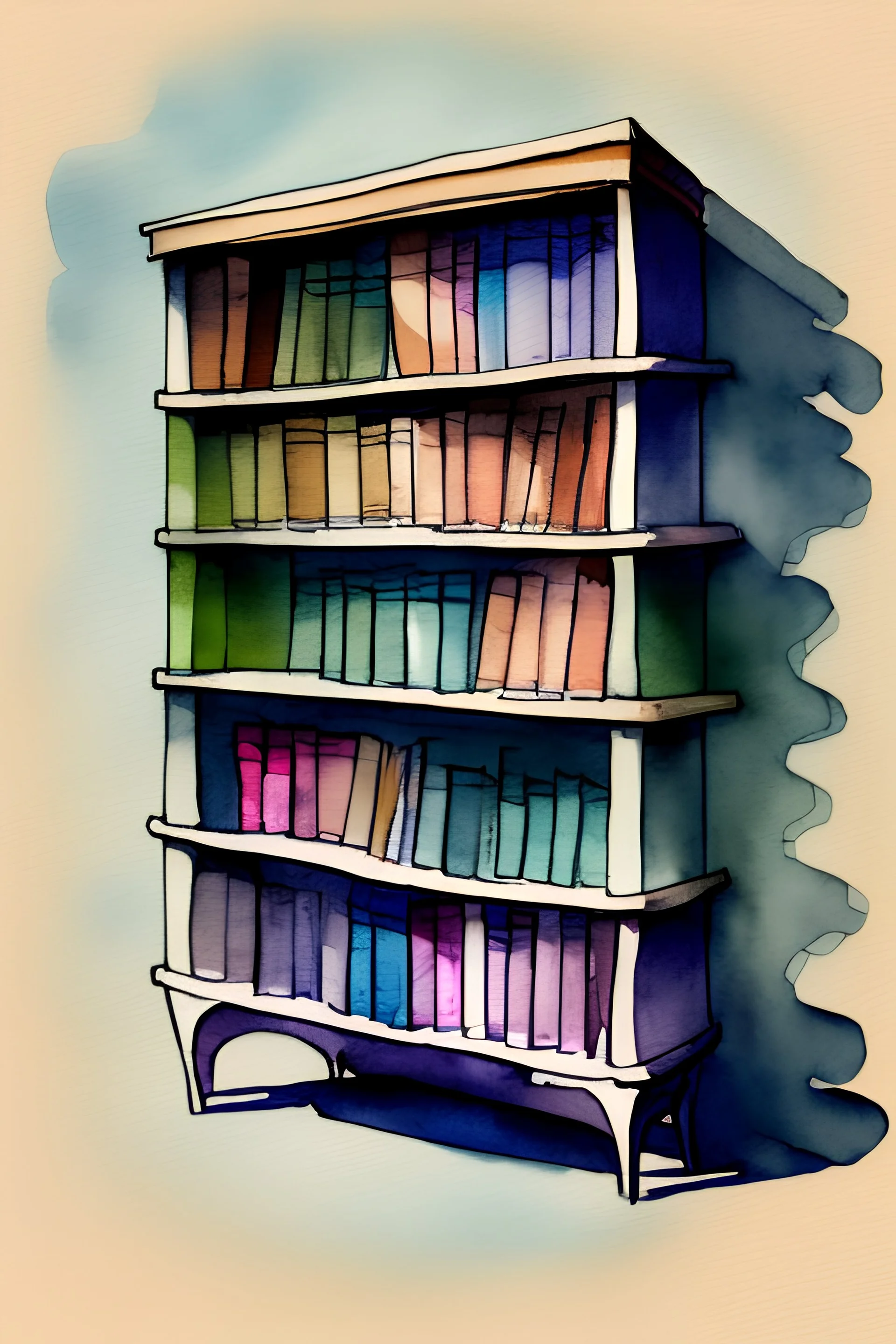 a watercolor style illustration of a bookshelf in a bookstore
