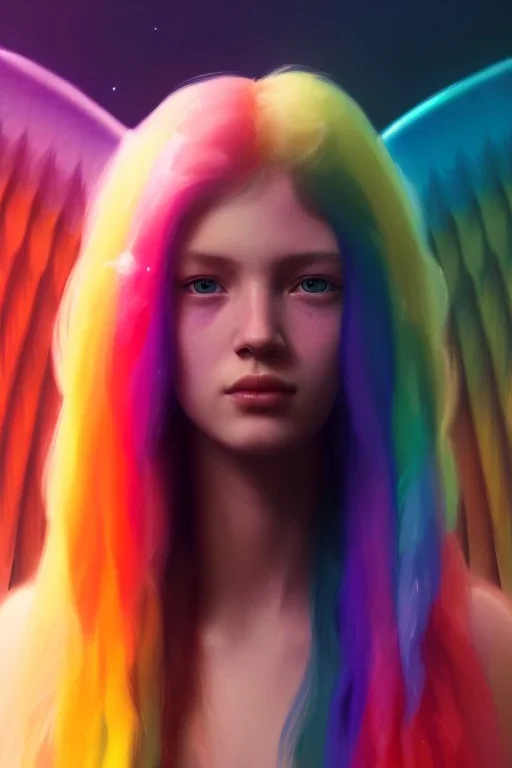 A portrait of an ANGEL with aura of 7 rainbow colors, cute, beautiful, long hair, rainbow hair, rainbows, close up portrait by Greg Rutkowski