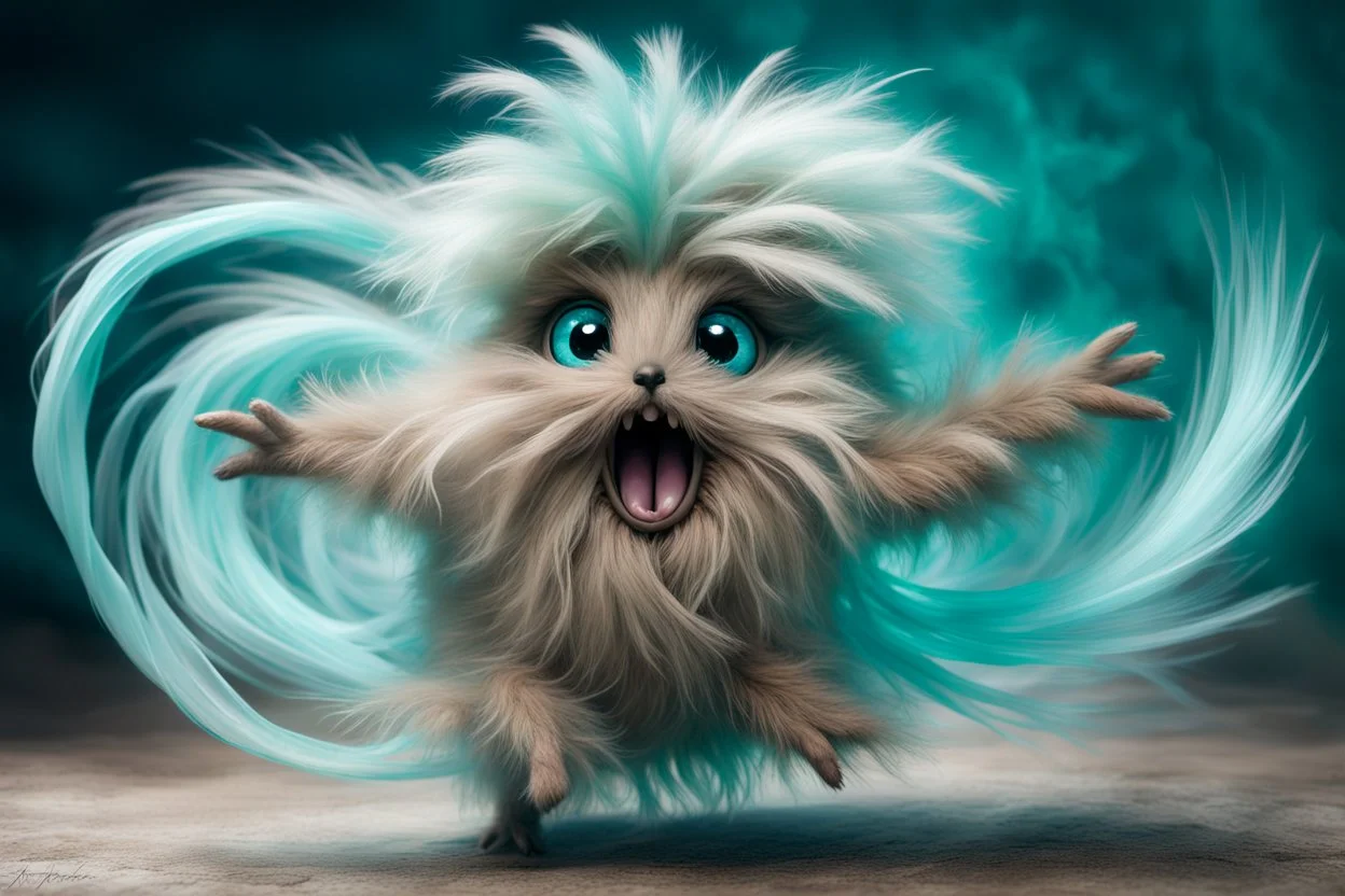 cute dust bunny fizzgig being swept into a magical wind vortex, fluffy gray detailed fur texture, dirty, oversized expressive eyes, open mouth panic fearful expression, dynamic diagonal motion pose, limbs reaching forward, body tilted in perspective, sense of speed and motion, flowing translucent teal and aqua wind ribbons, spiraling air currents forming a curved arc, soft tornado funnel in the top corner, painterly semi-transparent wind, 3d puppet