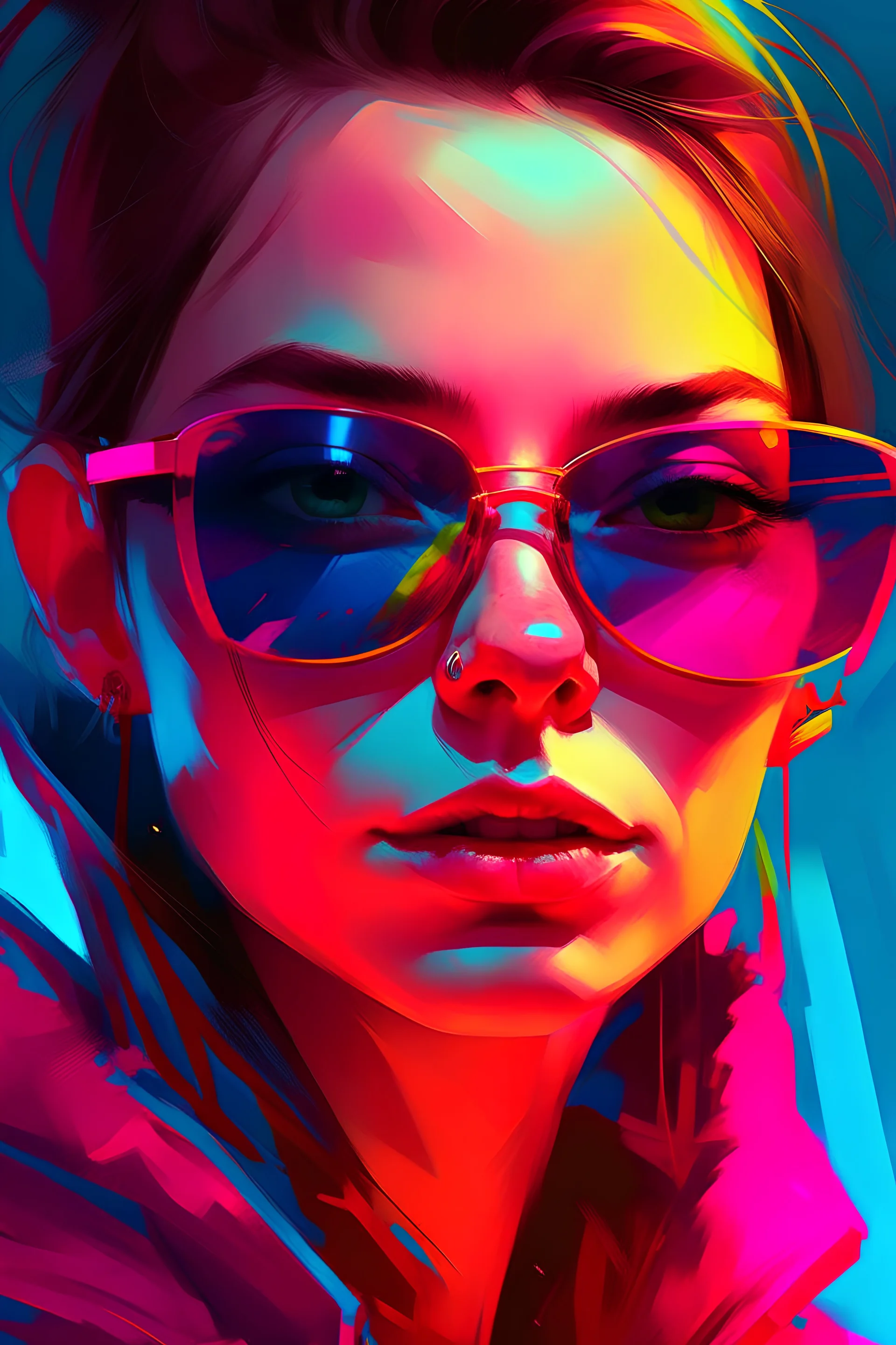 a close up of a person wearing sunglasses, artwork in the style of guweiz, vivid neon color, bright fuchsia skin, should eyes, staring you down, beautiful frames, hyper feminine, colorful patterns