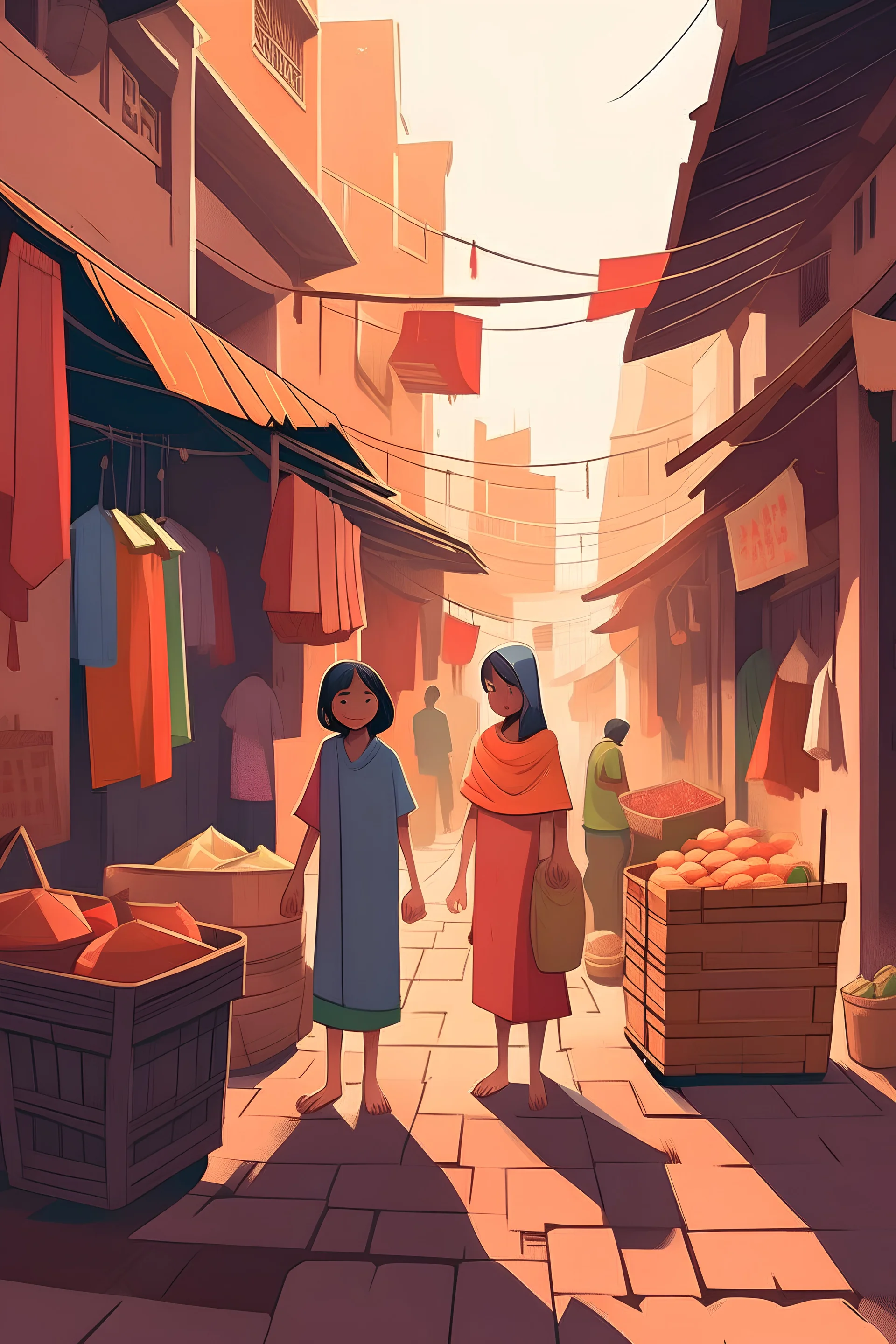 Vector. Illustration. the alley big market. Minimal. Woman's , children's. 2D animated. 1800 AD. Digital painting, Old, Poor