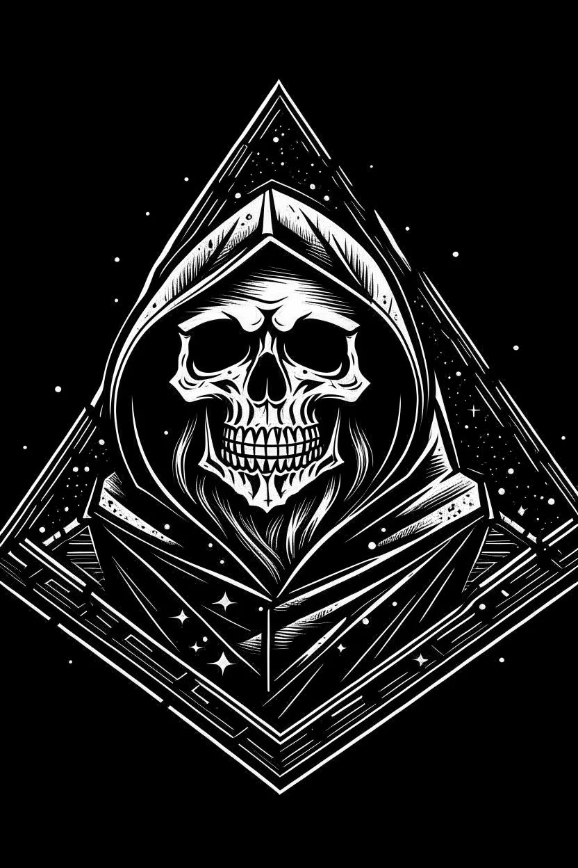 skeleton in a black hooded cloak drawn in a retro mascot cartoon style, inside a light diamond shape on a black background, monochromatic