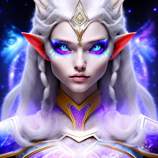 cosmic mage, elf, female, battle mage, cosmic sword, epic, cosmic magic, staff, long ears, white hair, face details, odd-eyes, pale skin, detailed eyes, jewellery, broad shoulders, glowing eyes, sharp ears, cosmic clothes, bright eyes